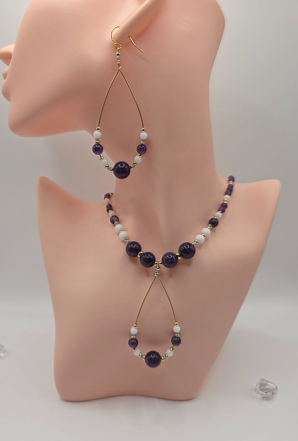 lavender gemstone jewelry set with lavender chalcedony, amethyst, white porcelain agate, and gold‑filled accents