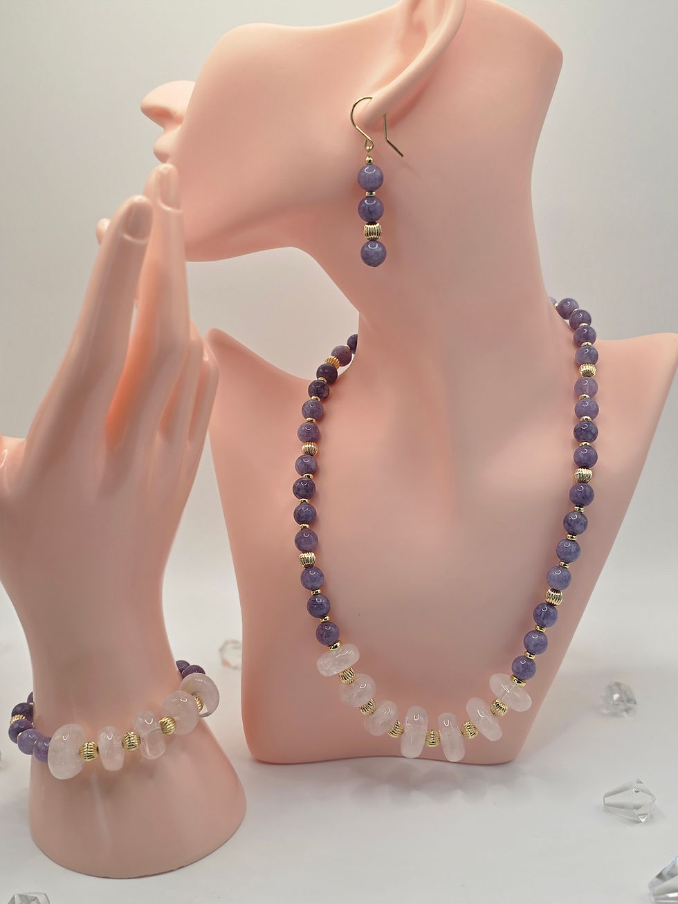 blush and lavender gemstone jewelry set with rose quartz, lavender chalcedony, and gold‑filled accents
