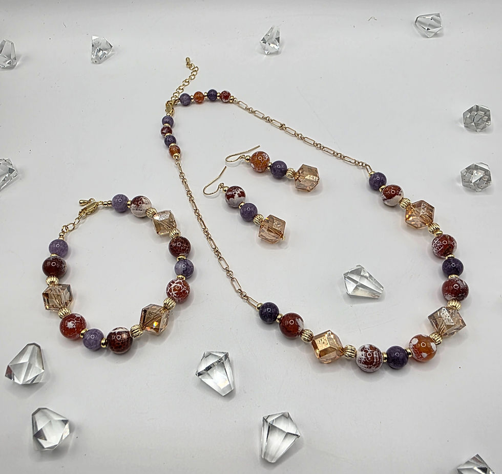 orange and purple gemstone jewelry set with agate, lavender chalcedony, and gold‑filled accents