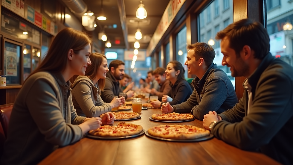 Wide angle view of a family enjoying a pizza tour in New York City