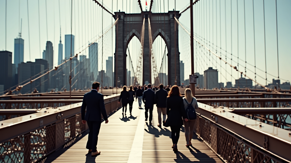 High angle view of a private tour group walking across the Brooklyn Bridge