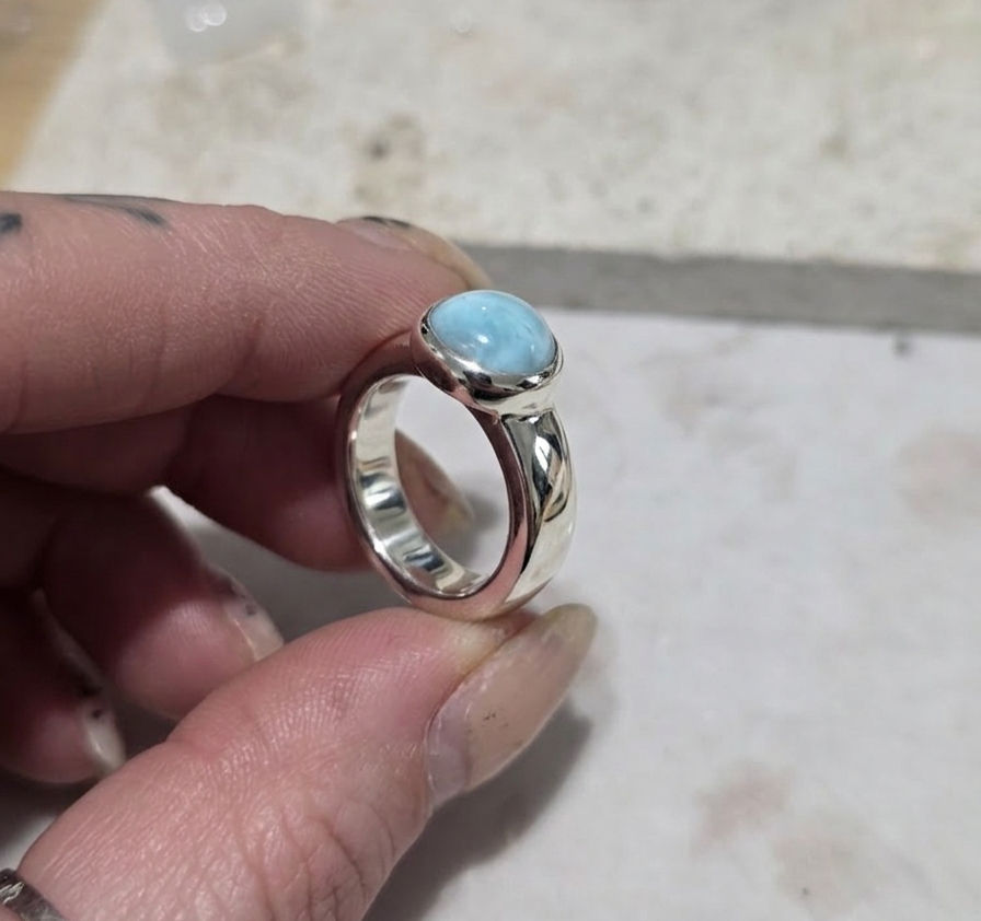 Thumbnail: Lilith Gold or silver Larimar round Ring