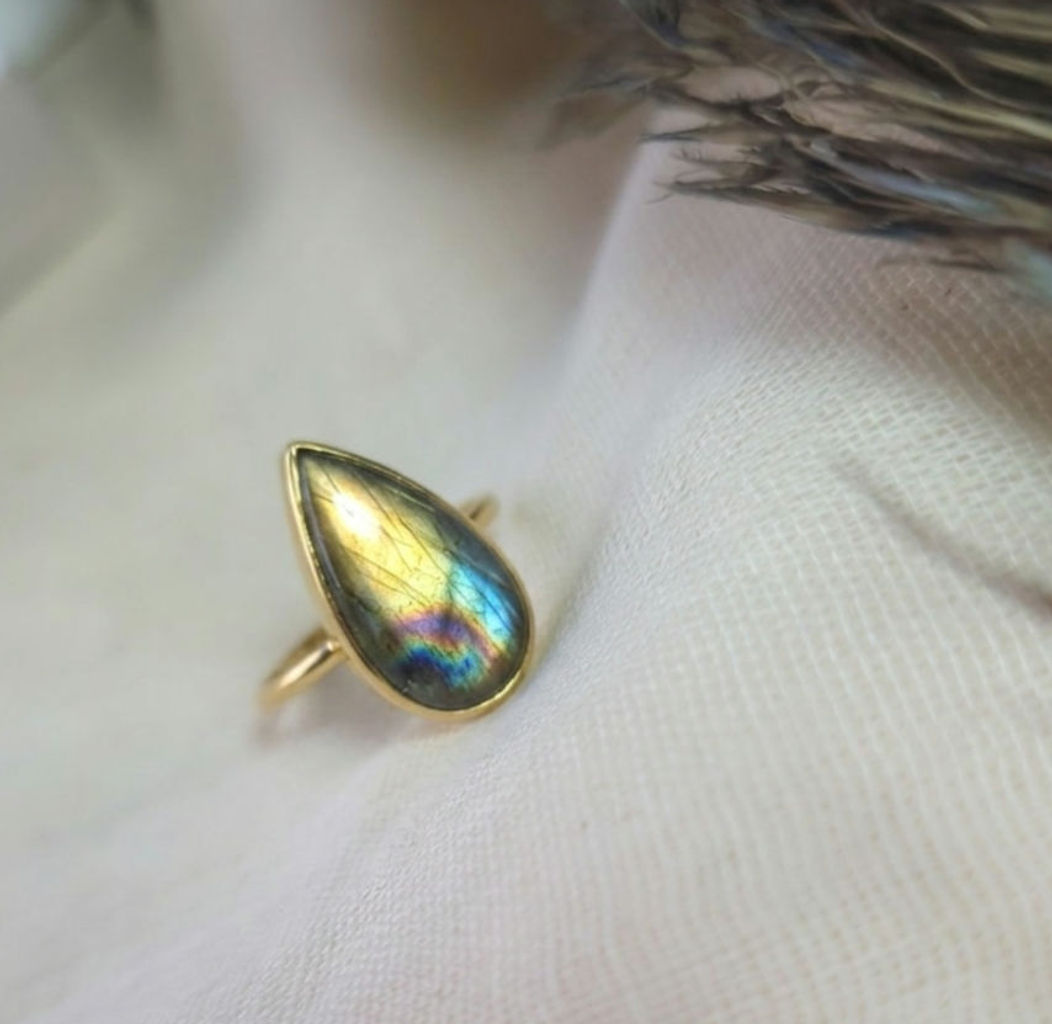 Gold Nemisis teardrop Labradorite or moonstone gemstone ring