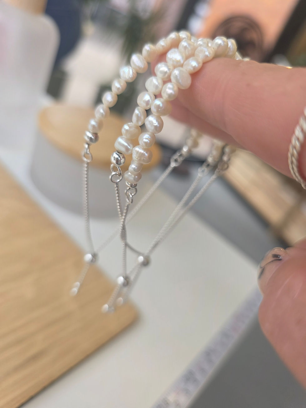 Thumbnail: Sterling silver and pearl adjustable bracelet