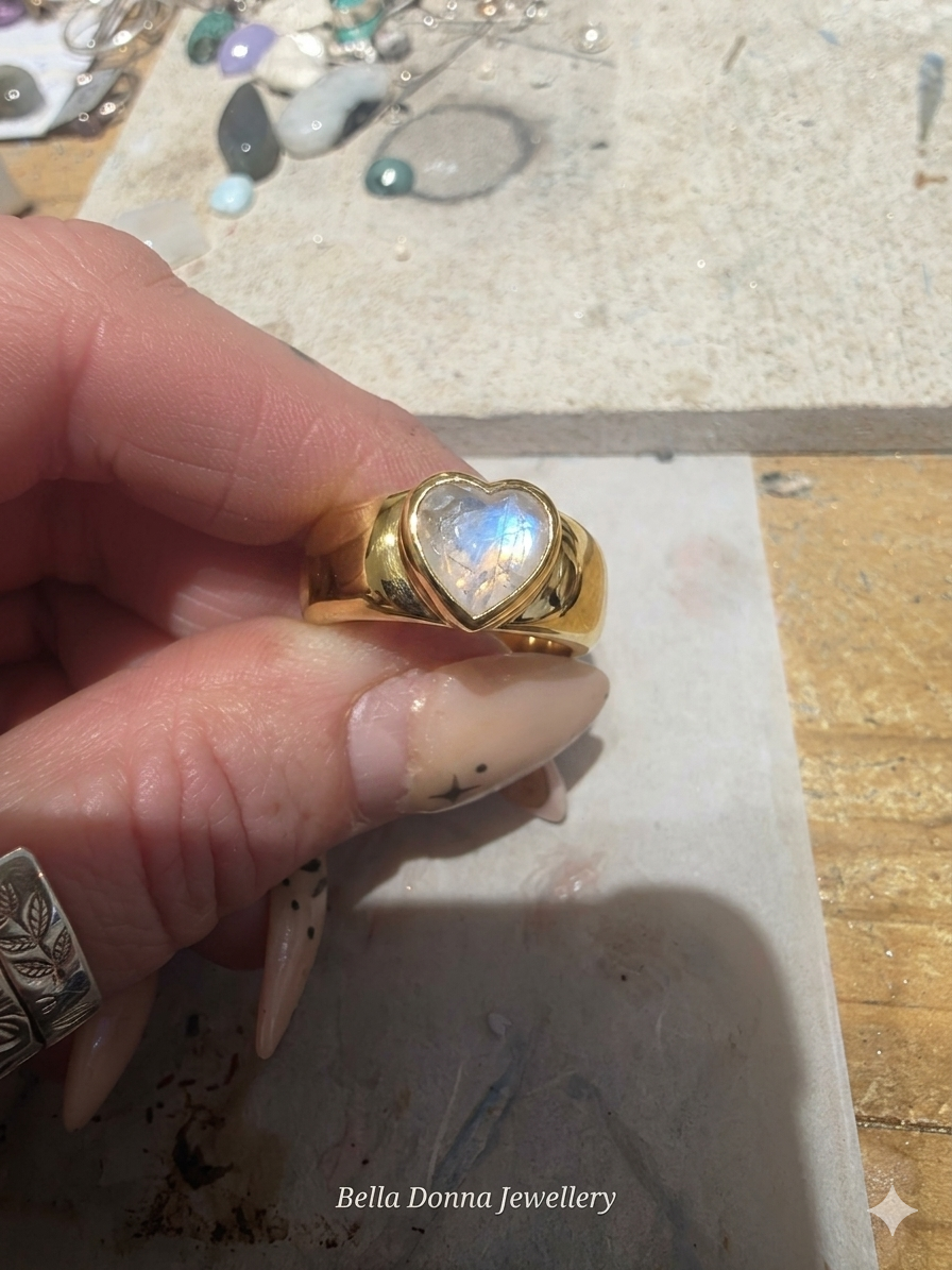 Thumbnail: Gold or silver Cariad Heart moonstone Ring