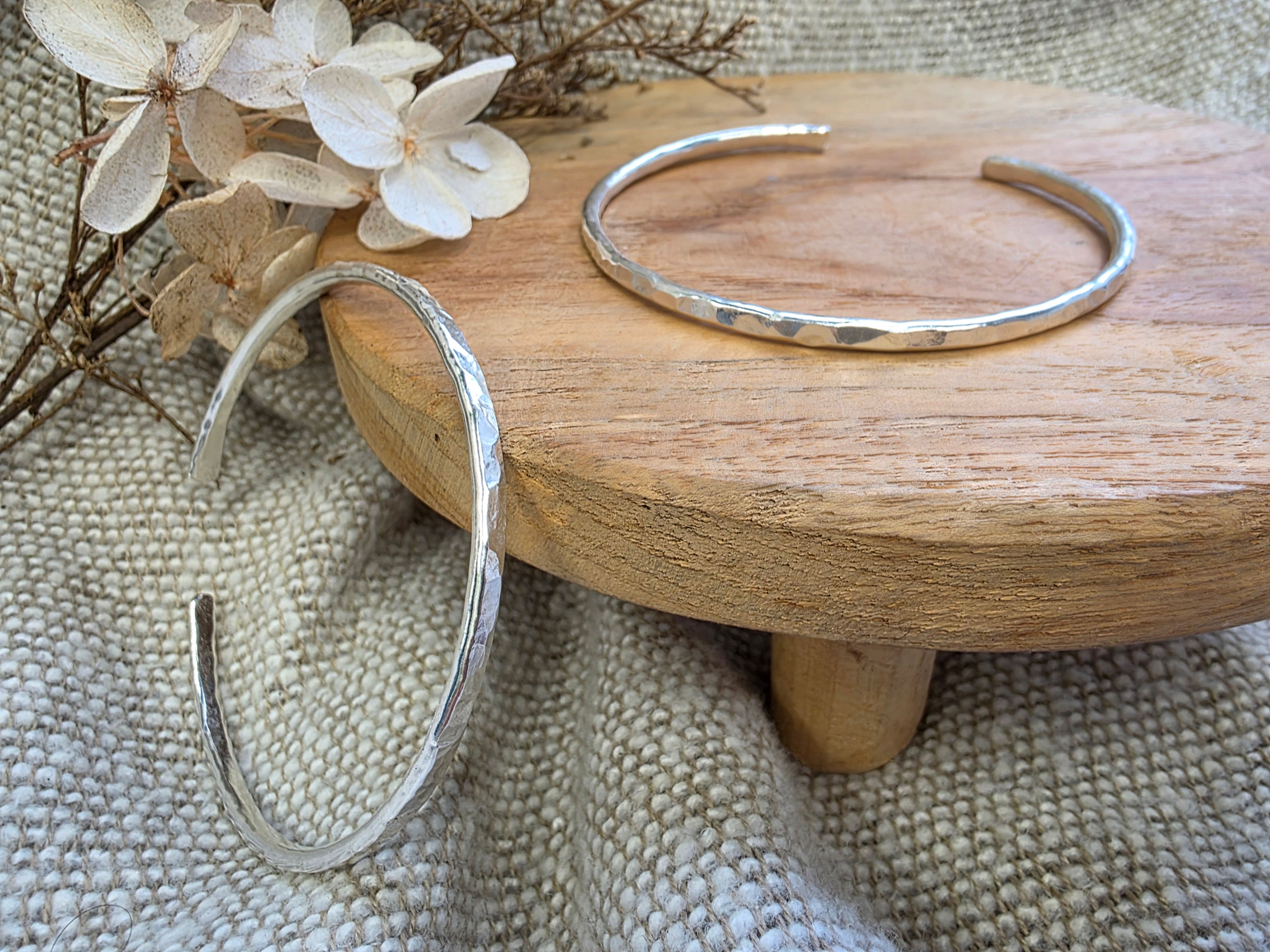 Sterling silver 3mm hammered bangle cuff