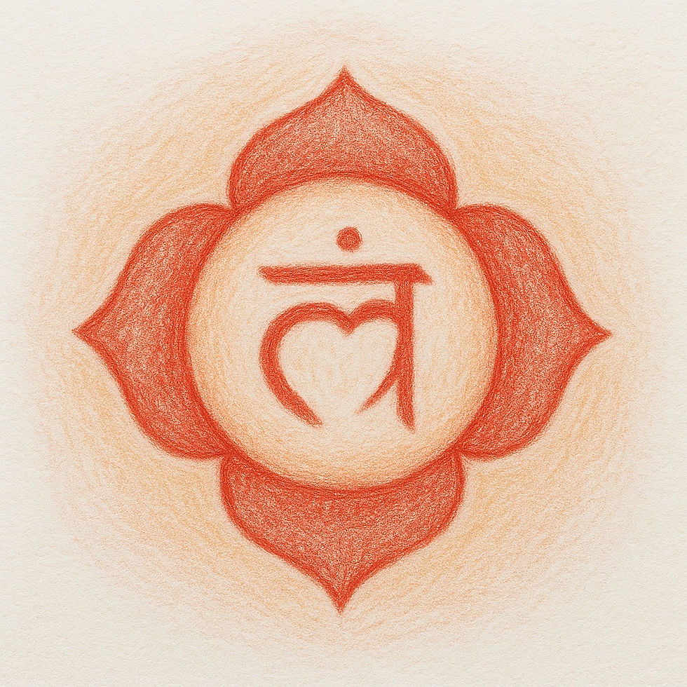 Illustration of the Root Chakra (Muladhara) at the base of the spine, glowing red, surrounded by grounding earth elements, representing stability, security, and belonging.