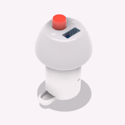 This rendering shows the refined pill dispenser design, featuring a curved upper cap, a large tremor-friendly push button, dual speakers for audible dose reminders, and a clear LCD timer interface. Pills are loaded through a rear sliding door, while a suction-cup base provides stability during use. Internally, a motor-driven rotating divider isolates a single pill at a time and positions it over a precise 6 mm drop hole, sized specifically for smaller Parkinson’s medication tablets, before guiding it down a curved chute into the front tray.