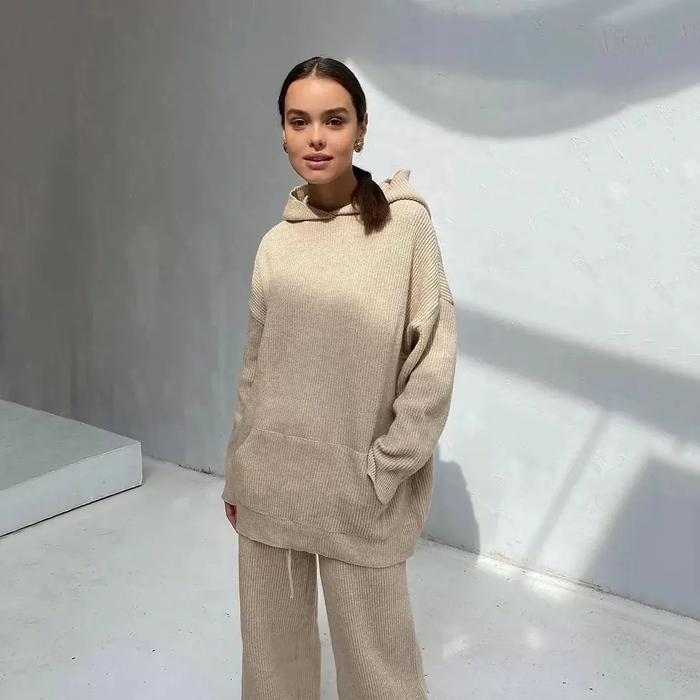 Thumbnail: Winter Women Cotton Knitted Hoodie & Wide Leg Pants 2-Piece Set