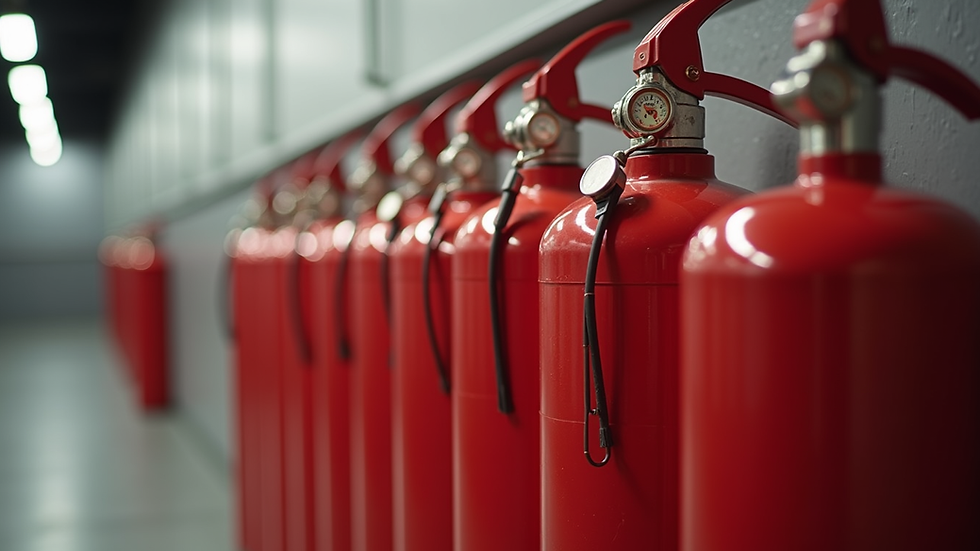 Close-up view of different types of fire extinguishers lined up on a wall