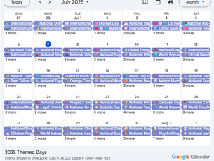 July 2025 Google Calendar with all themed holidays