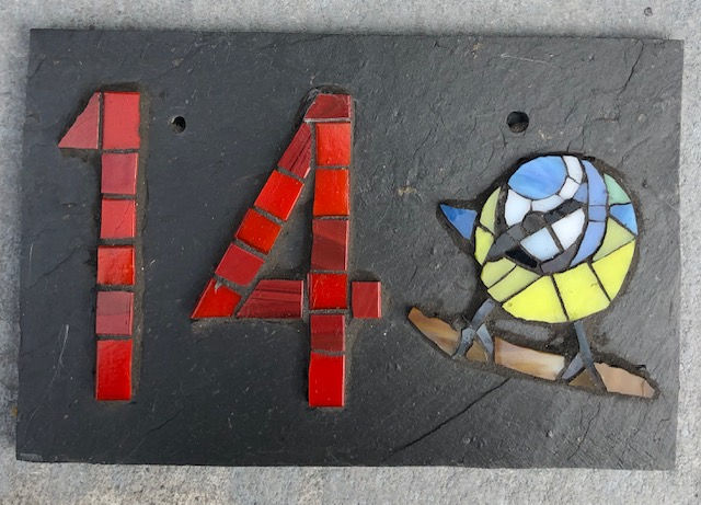 Thumbnail: Mosaic house number dog/robin/blue tit/fox/sunflower