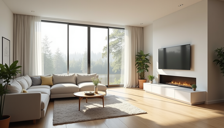 High angle view of a living room with large windows and natural light
