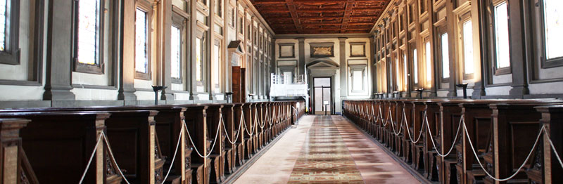 The Laurentian Library, a Michelangelo masterpiece, was completed in 1535 in Florence, Italy.