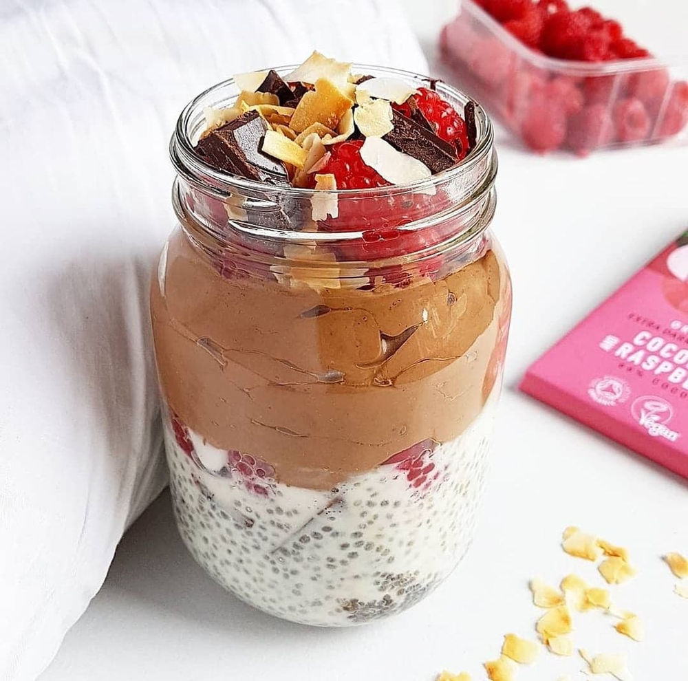 Coconut & Raspberry Chia Pudding with Chocolate Mousse