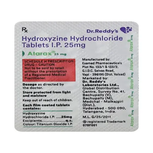 Atarax 25mg Tablet contains Hydroxyzine, an antihistamine used to treat allergies, anxiety, and itching.