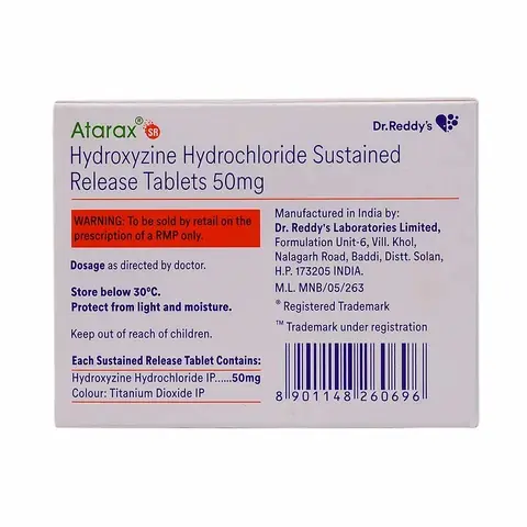 Atarax 50mg Tablet contains Hydroxyzine, an antihistamine used to treat allergies, anxiety, and itching.