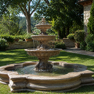 Natural stone courtyard fountain with modern landscaping in San Antonio TX