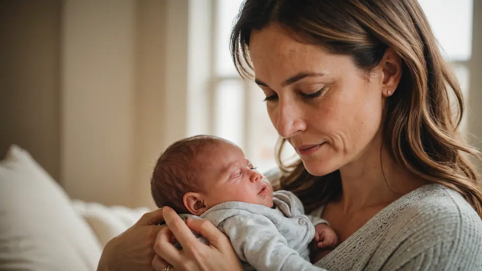 Wide angle view of a serene mother holding her newborn baby