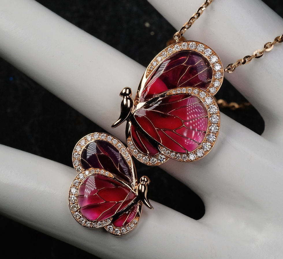 Thumbnail: NEW Bellarri "Le Jardin" 14K Rose Gold Enamel Diamond Butterfly Necklace