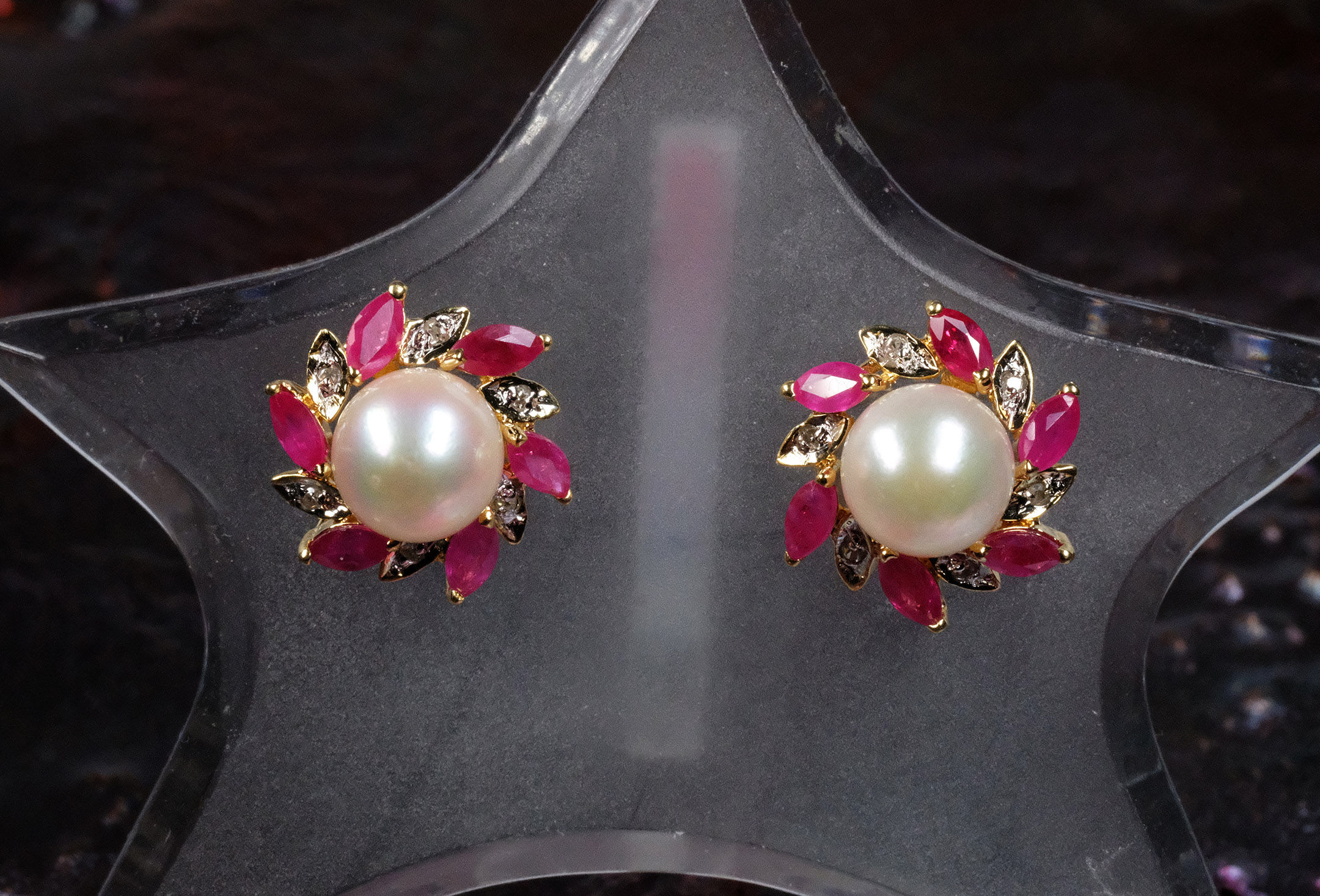 Pre-Owned 14K YG White Pearl 1.32ct Ruby Diamond Stud Earrings