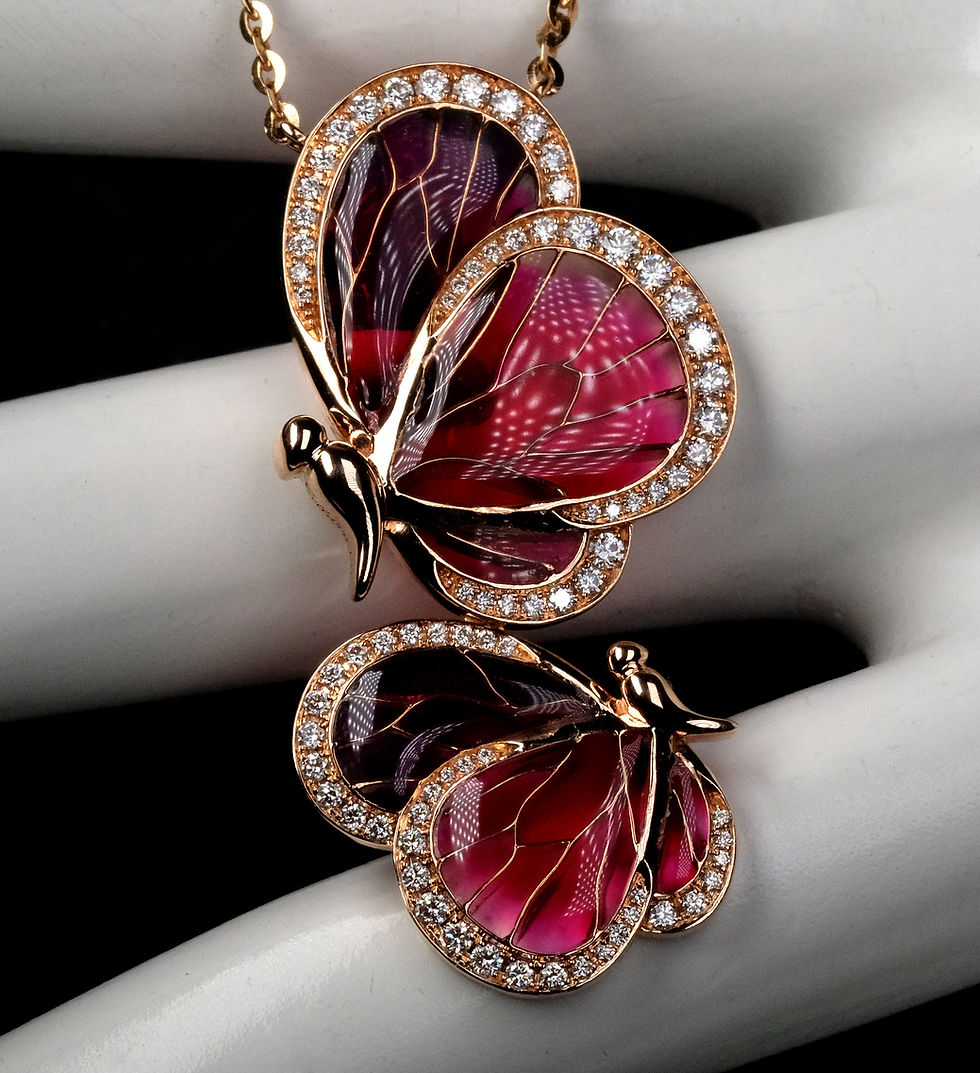 Thumbnail: NEW Bellarri "Le Jardin" 14K Rose Gold Enamel Diamond Butterfly Necklace