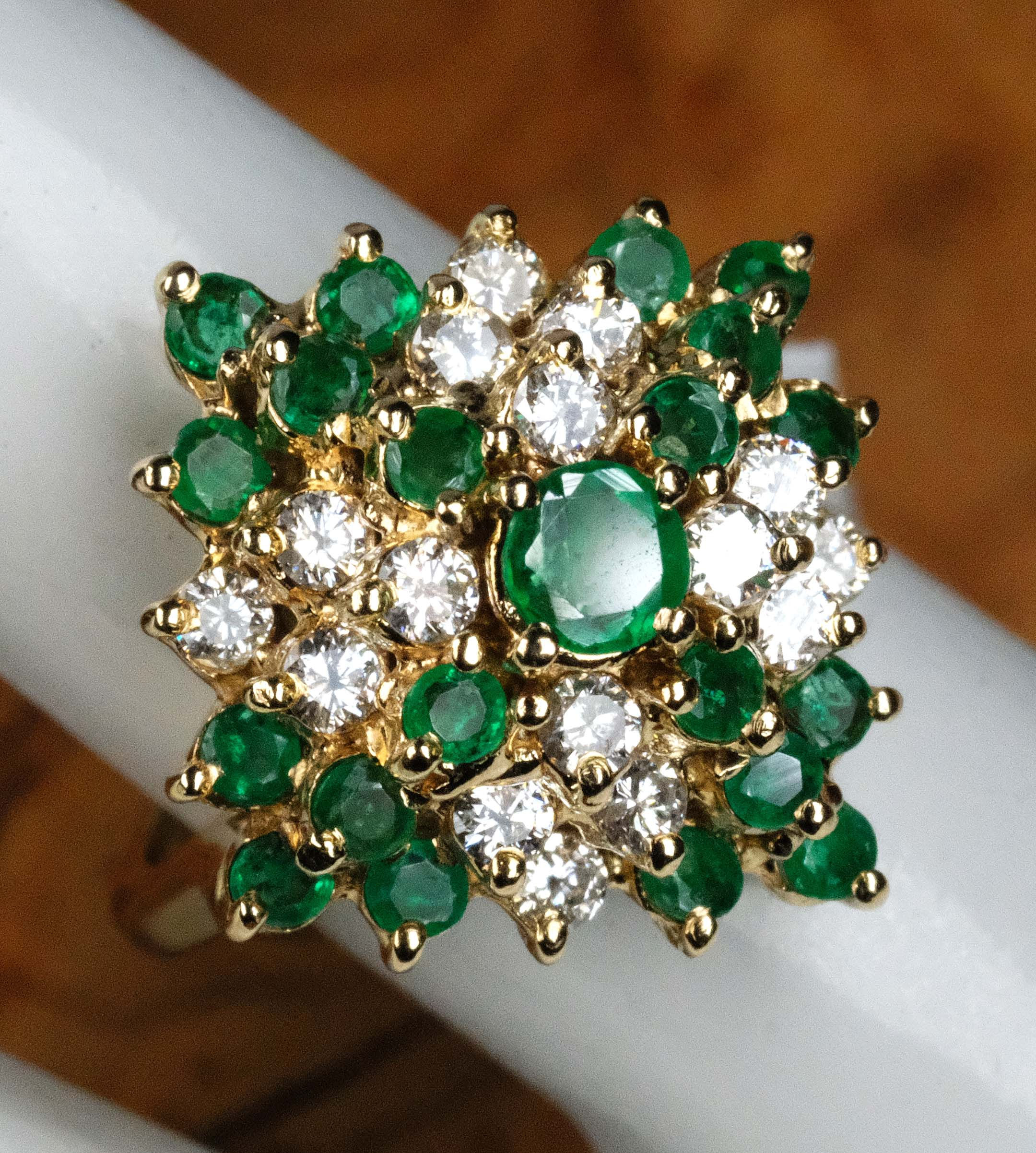 Pre-Owned 14K YG Emerald Diamond Cocktail Ring 5.6gms Size 4.5