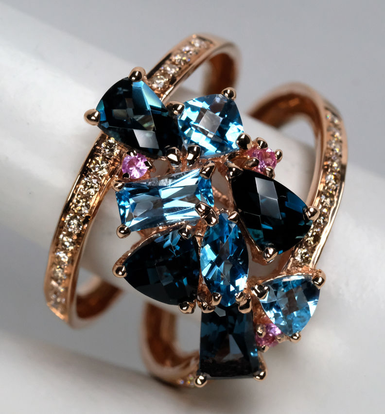Thumbnail: Bellarri "Lily" 14K Rose Gold, Blue Topaz, Pink Sapphire & Diamond Ring