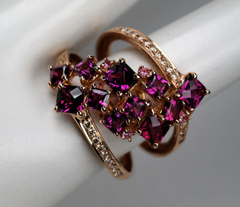 Thumbnail: Bellarri "Lily" 14K Rose Gold, Rhodolite, Pink Sapphire & Diamond Ring