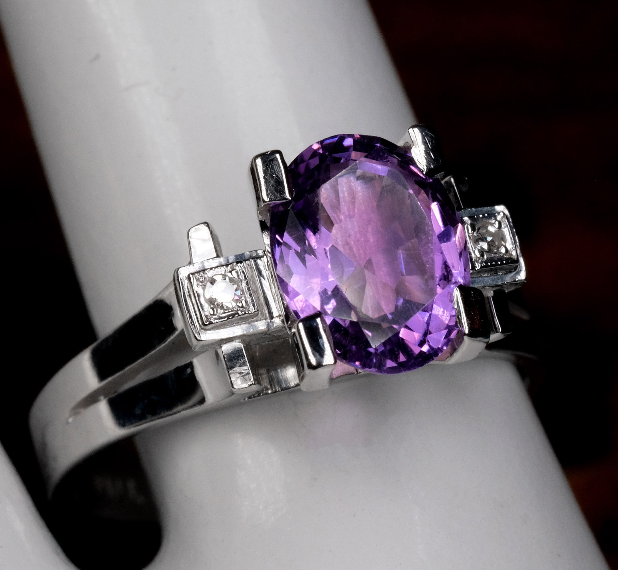 Pre-Owned Palladium Amethyst Diamond Ring 5.1gms Size 7