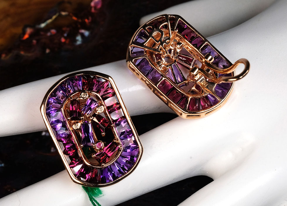 Thumbnail: NEW Bellarri "Contempo" 14K RG Amethyst Rhodolite Sapphire Earrings