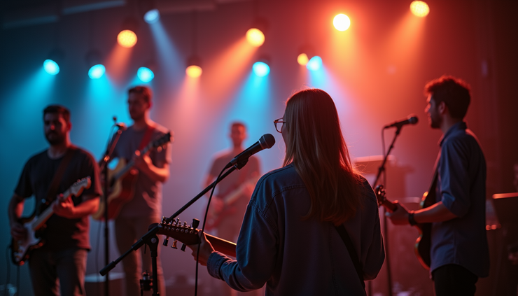 Eye-level view of a church worship team practicing with instruments and microphones on stage