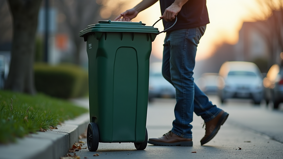 Close-up view of a trash can being placed at the curb by a service worker