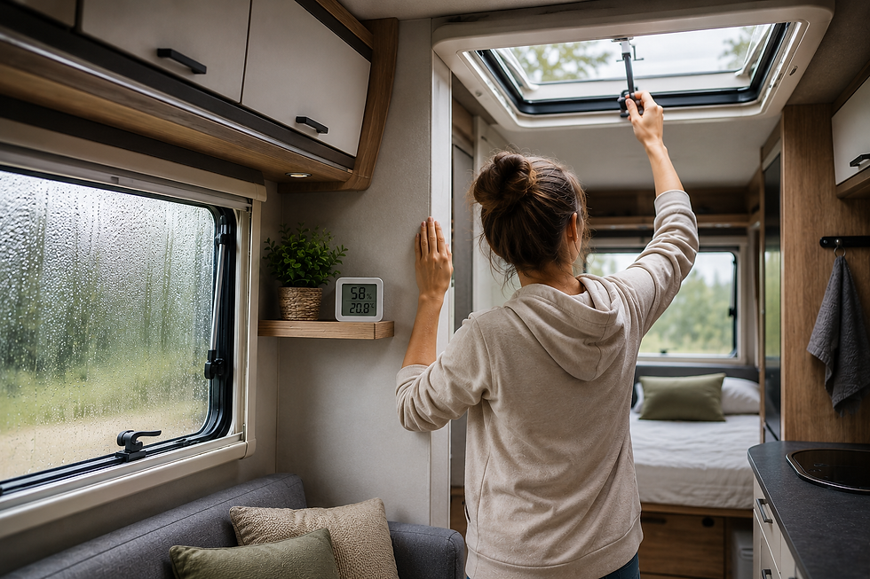Frau, die im Camper gegen Feuchtigkeit lüftet