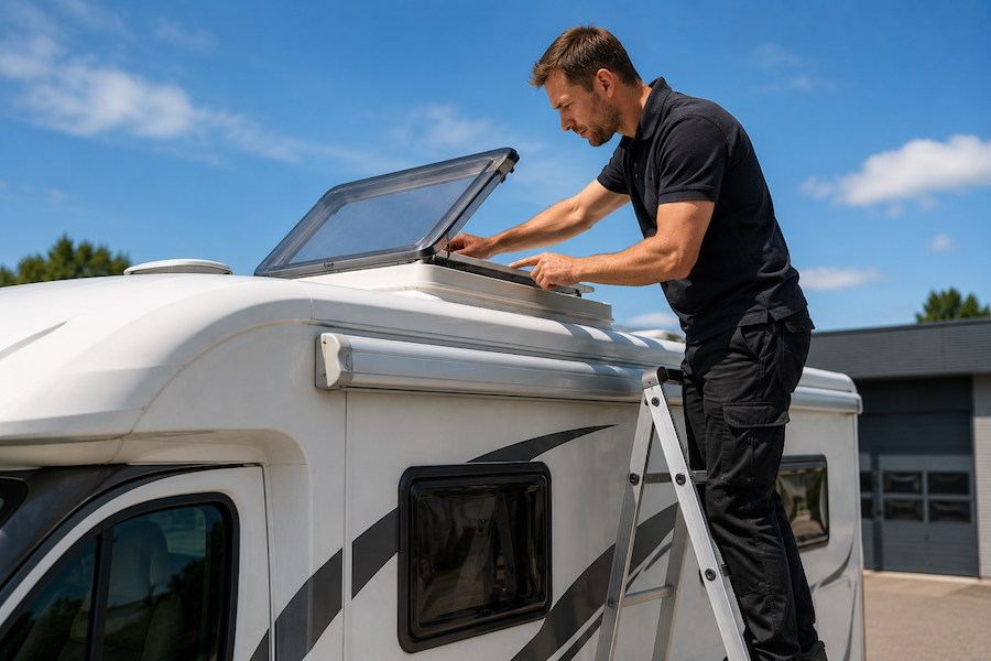 Mann arbeitet auf dem Camperdach