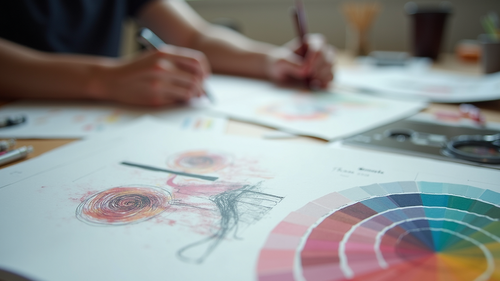 Close-up view of a designer’s desk with sketches and color swatches