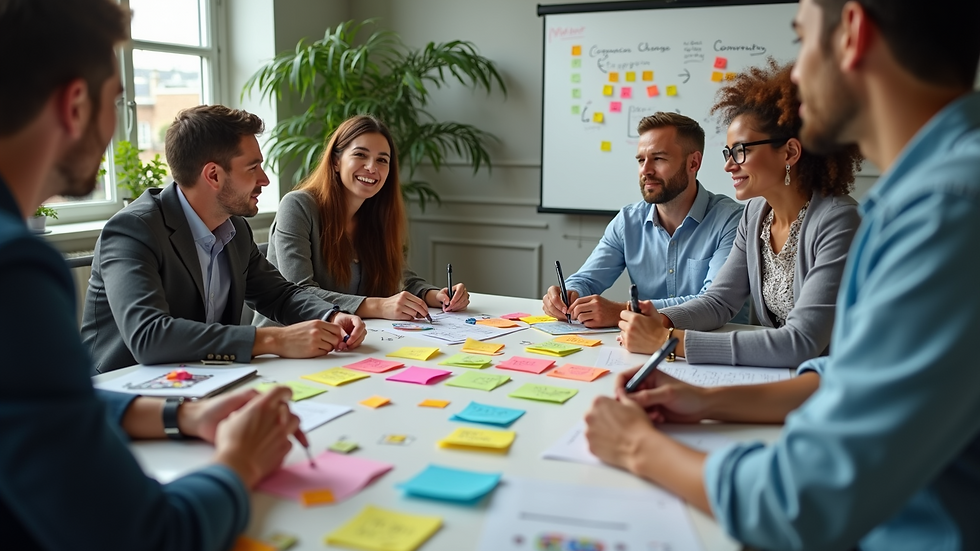 High angle view of a marketing team brainstorming with colorful sticky notes