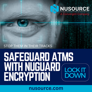 Man's face, focused on his eye with 'safeguard atms with nugaurd encryption' copy
