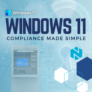Windows 11 compliance made simple words over techy background with hexagons and an atm