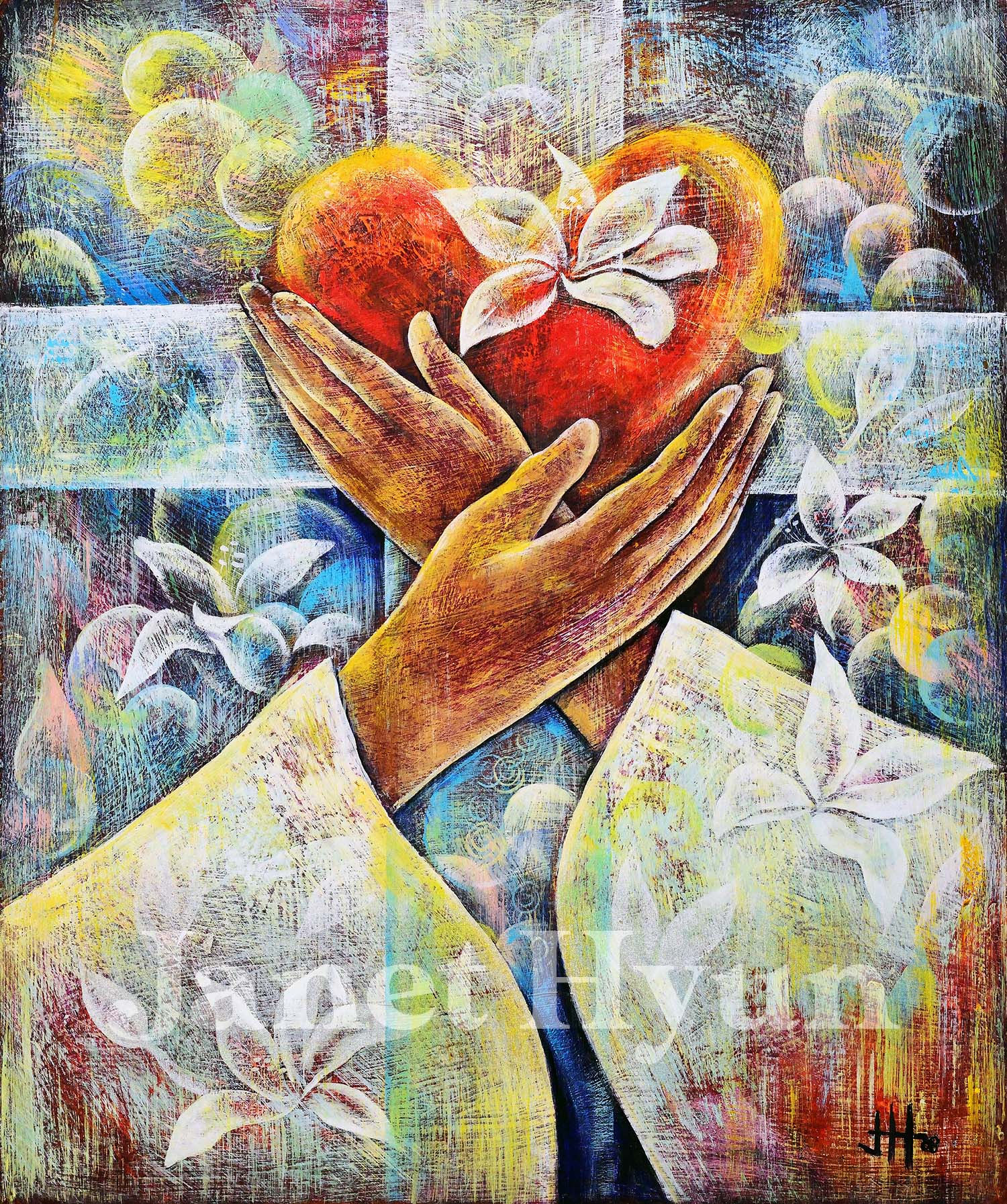 Main portrait of "All My Heart Prophetic Art" by Janet Hyun, depicting a textured heart overflowing with white lilies being h