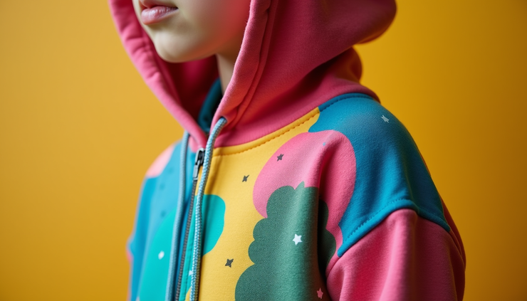 Nahaufnahme eines bunten Kinder-Hoodies mit individuellem Aufdruck