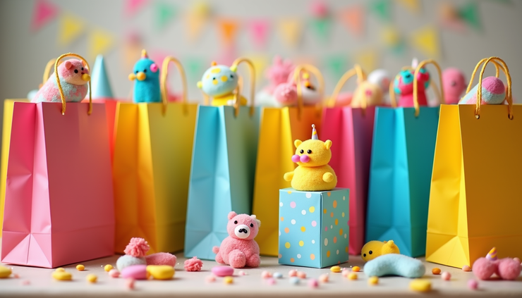 Nahaufnahme von bunten Kindergeburtstags-Goodie Bags mit kleinen Spielsachen und Süßigkeiten