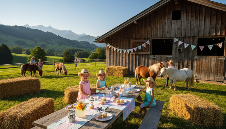 Wide-angle view of a Swiss pony party setup beside a wooden stable.