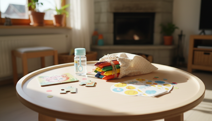 Nahaufnahme von altersgerechten Mitgebseln mit Stickern, Stiften und kleinen Spielsachen.