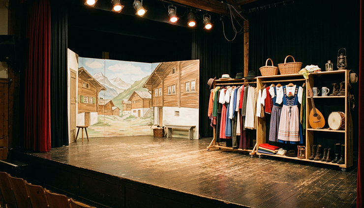 Low-angle view of a small stage with colourful costume pieces ready near the wings.