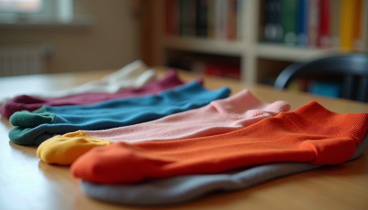 Vue rapprochée de chaussettes personnalisées aux couleurs vives alignées sur une table