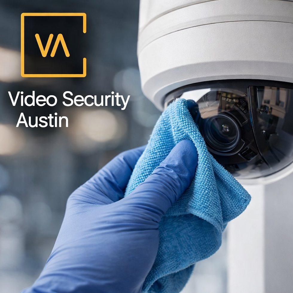 Eye-level view of a professional installing a security camera on a commercial building exterior