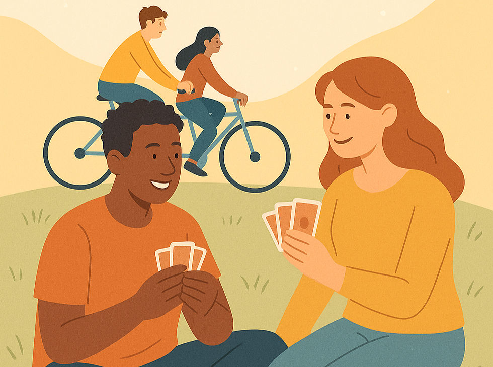 Illustration représentant deux personnes entrain de s'amuser lors de diverses activités, ici on les voit faire du vélo et jouer aux cartes