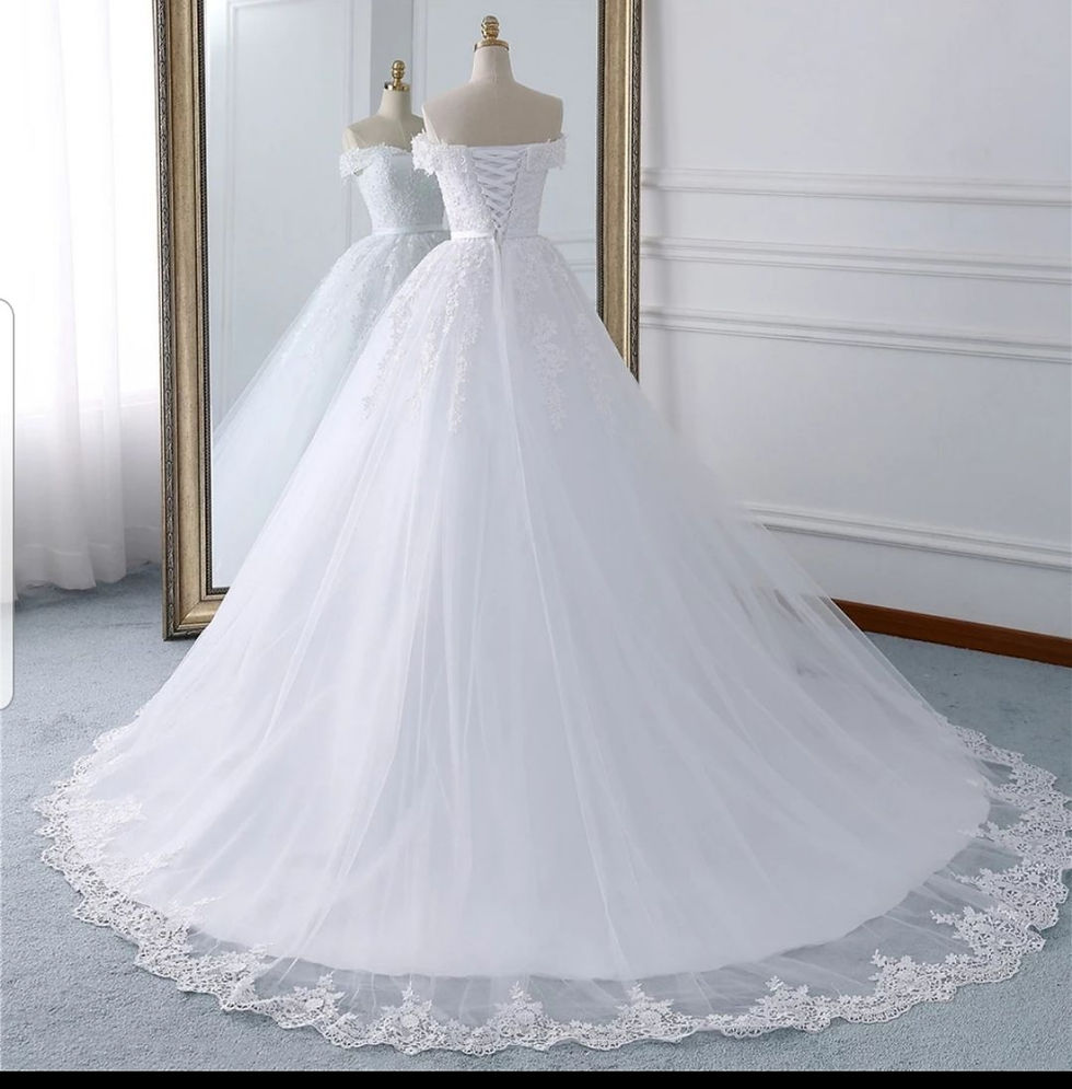 Thumbnail: Charming Off Shoulder Lace Applique Ppearls Tulle A Line Wedding Dresses MD588