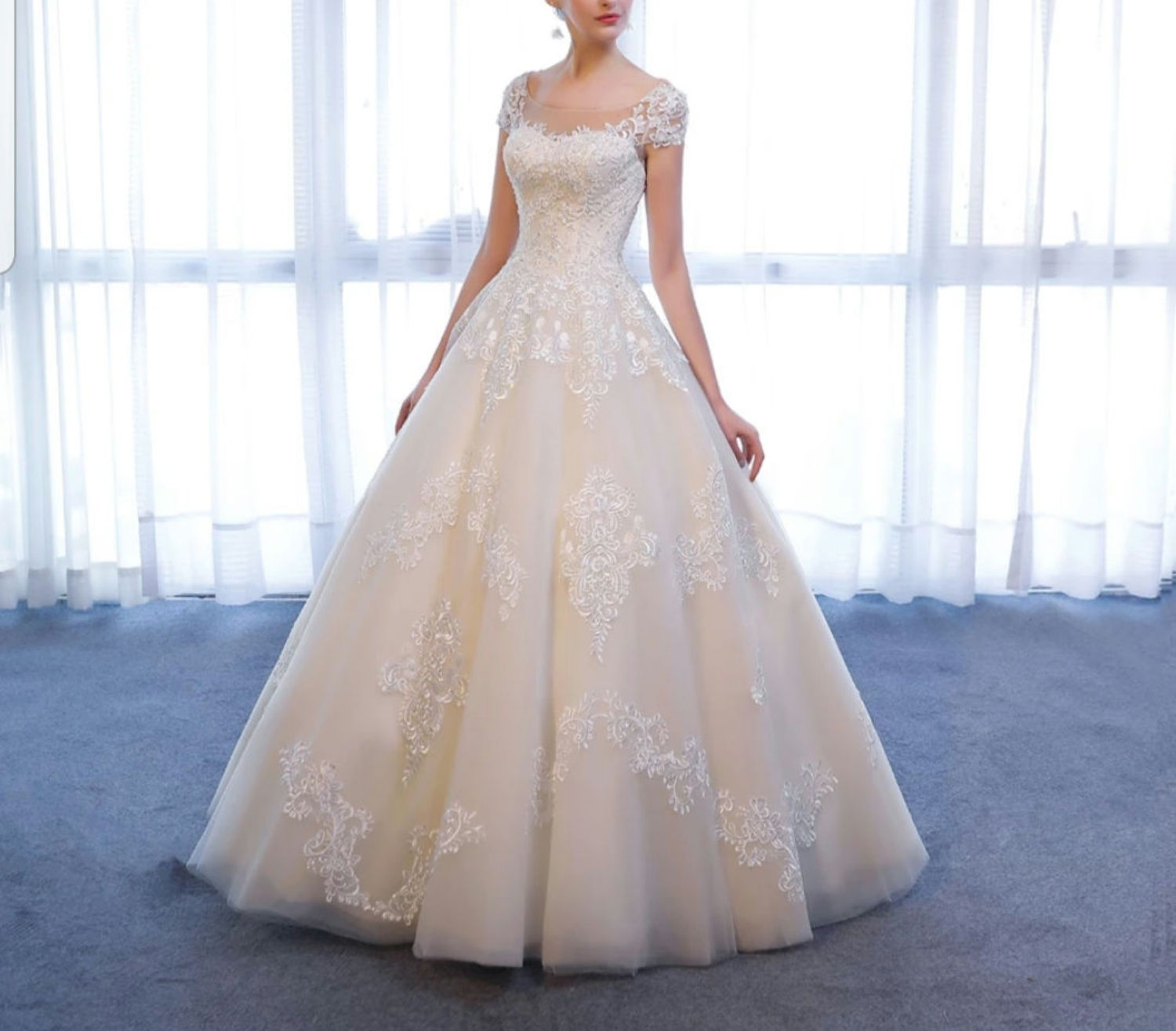Modest Bridal Cap sleeve  A-line Lace Floor Length Wedding Bridal Dress MD203